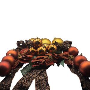 Gold & Copper Christmas Ornament Set With  Poinsettias & Brown Patterned Ribbon